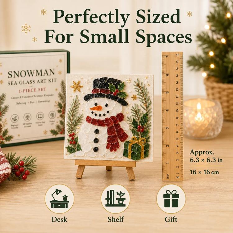 Snowman sea glass art kit with finished mosaic card and size ruler