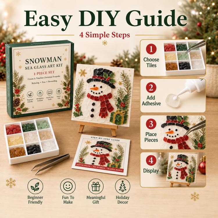 Snowman sea glass art kit with guide showing step-by-step assembly and tile tray