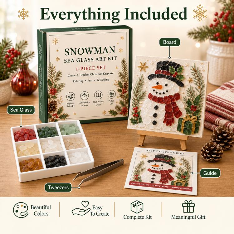 Snowman sea glass art kit set with board, guide, tweezers, and color compartments
