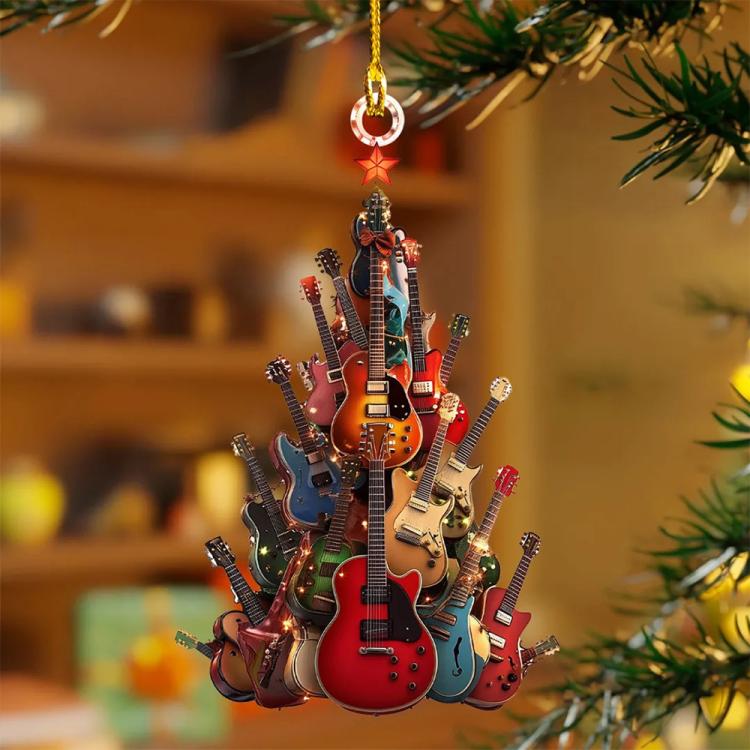 Christmas guitar ornament with multi-colored guitar cluster and hanging gold star top
