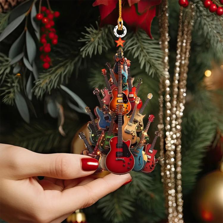 Guitar ornament held in hand, with stacked colorful electric guitars and star charm