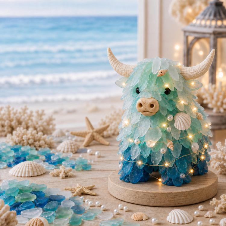LED sea glass Highland cattle ornament on wooden base with warm lights