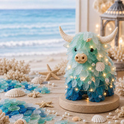 LED sea glass Highland cattle ornament on wooden base with warm lights