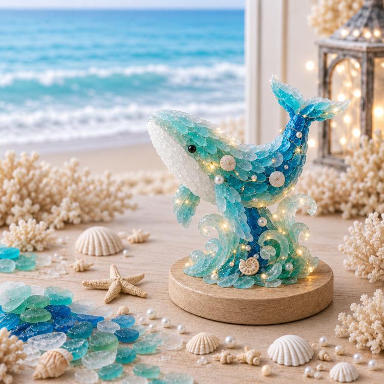 LED sea glass whale figurine on round wooden base with warm lights