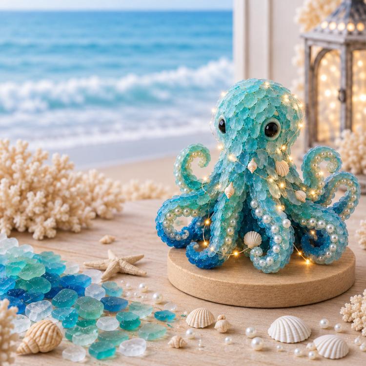 LED sea glass octopus figurine with long tentacles on round wooden base