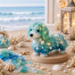 LED sea glass dachshund figurine on wooden base with warm string lights