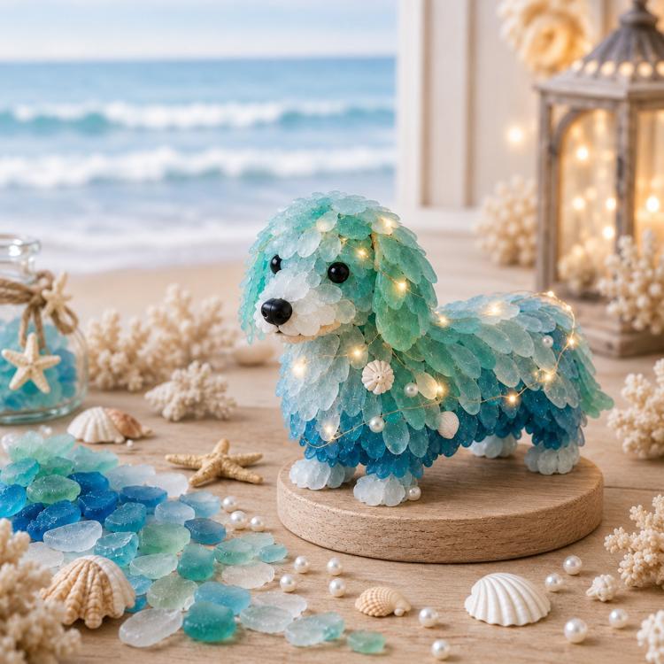 LED sea glass dachshund figurine on wooden base with warm string lights