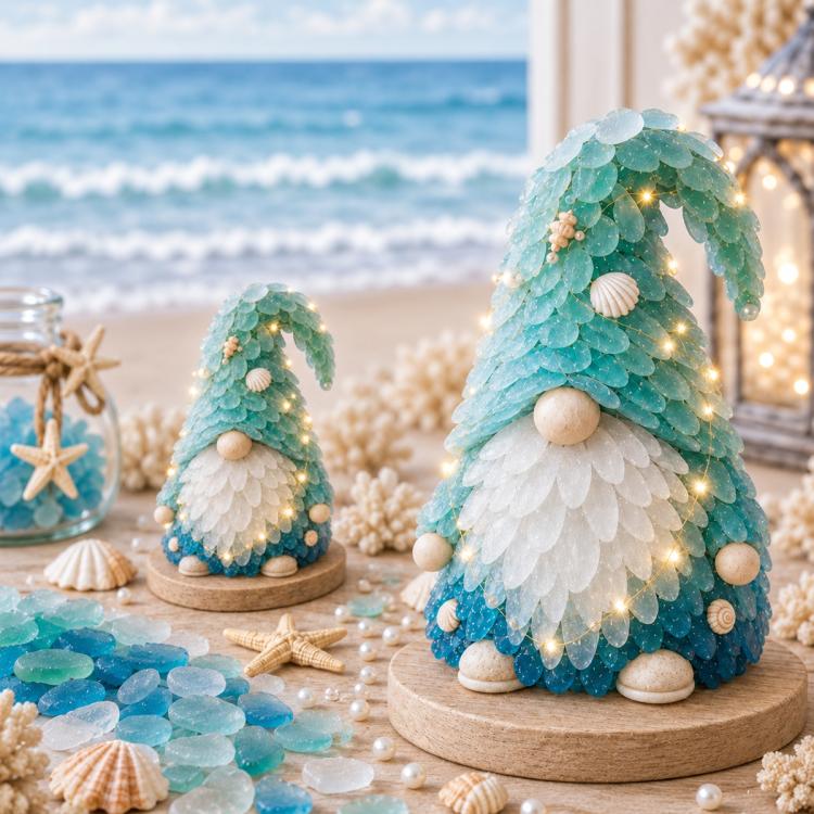 LED sea glass gnome figurine with white beard on wooden base with warm lights