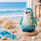 LED sea glass penguin figurine on round wooden base with warm lights