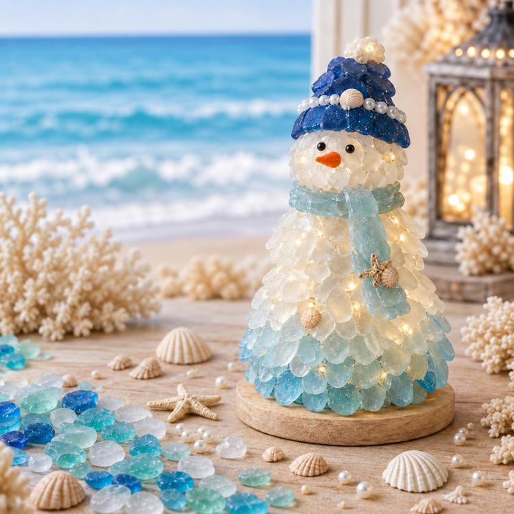 LED sea glass snowman figurine wearing blue cap on wooden base with warm lights