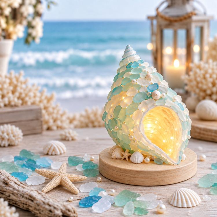 LED sea glass conch shell figurine with glowing center on wooden base