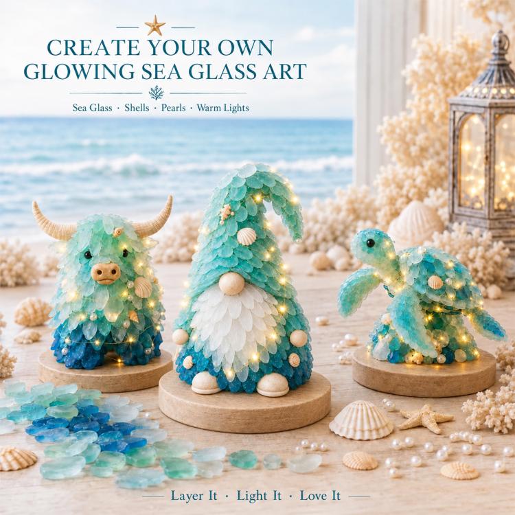 Glowing sea glass art kit with ocean animal and shell figurines on bases