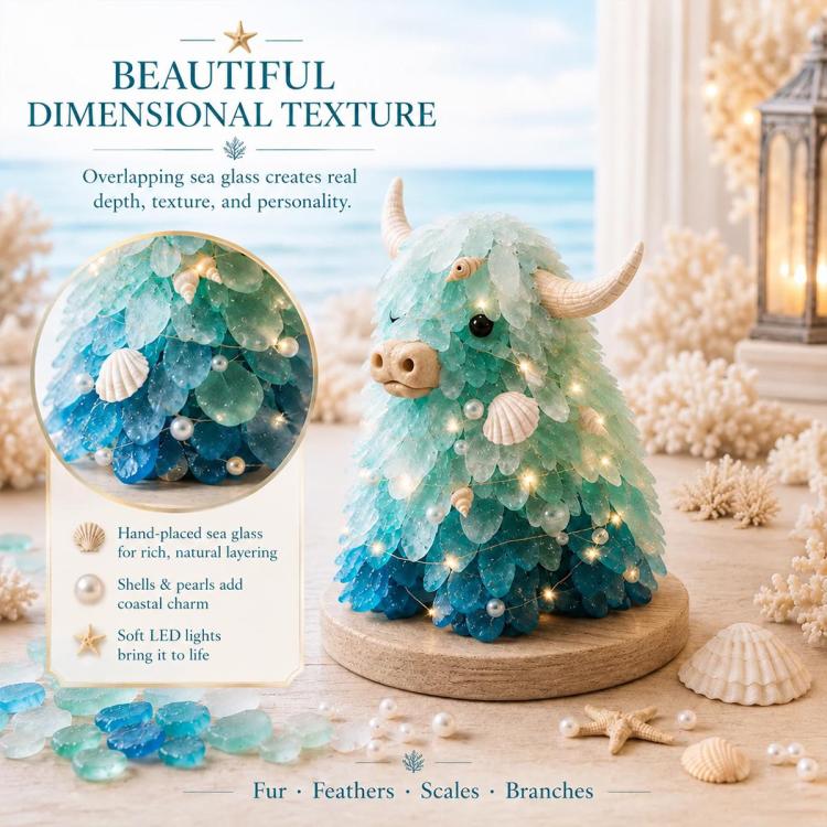 LED sea glass Highland cattle art kit on wooden base with shell and pearl accents
