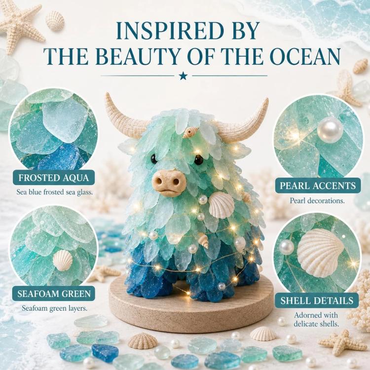 LED sea glass Highland cattle craft kit with teal and aqua layers, pearl and shell details