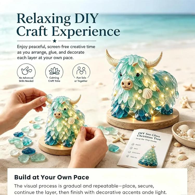 Sea glass Highland cattle DIY craft kit with hands placing glass pieces on base