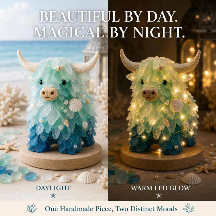 Sea glass Highland cattle art kit with LED lights, daylight and warm-glow look
