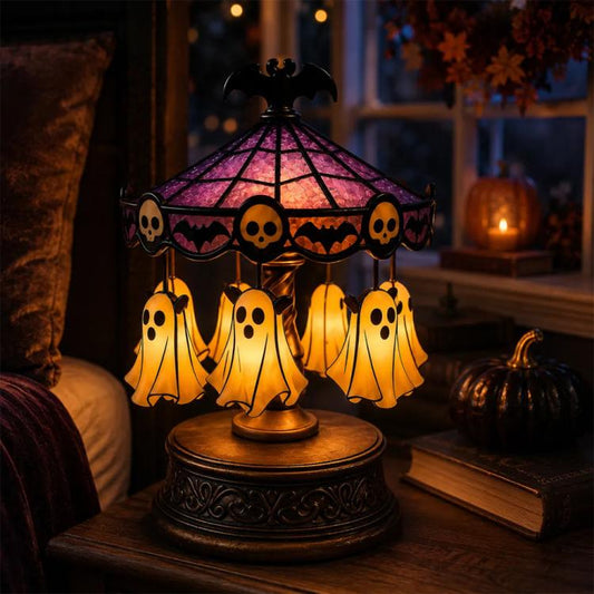 Halloween table lamp night light with purple dome shade and glowing ghost pendants