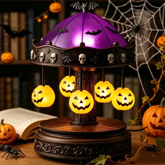 Purple Halloween night light with lantern shade and glowing jack-o’-lantern pendants