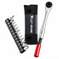 Bike ratchet wrench kit with screwdriver handle, metal bits, and black storage pouch