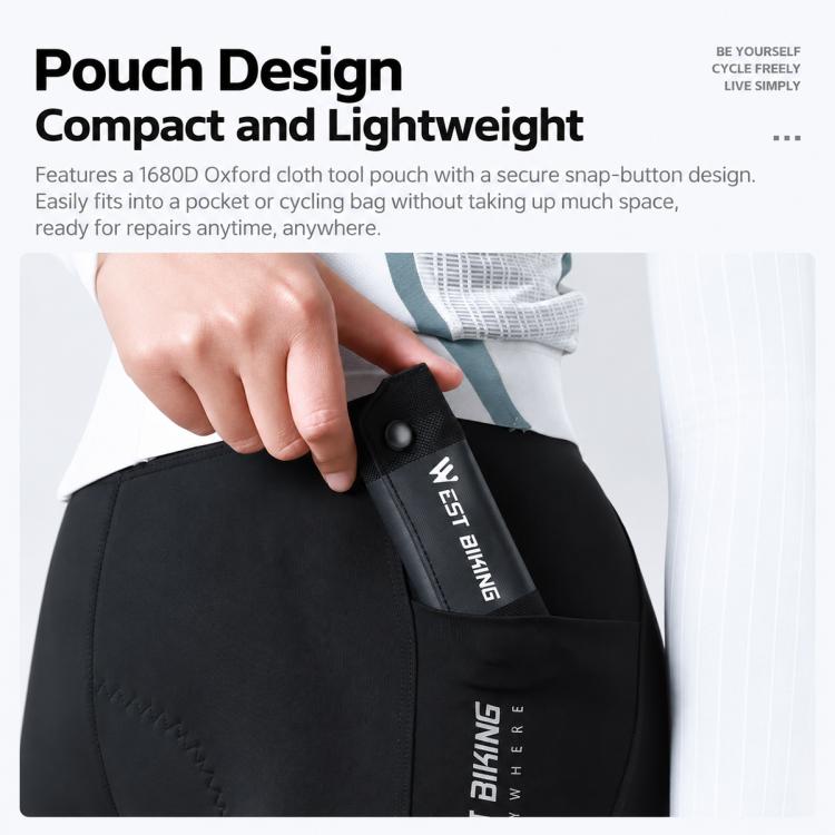 Compact black tool pouch with snap tab opening for quick access to bicycle tools