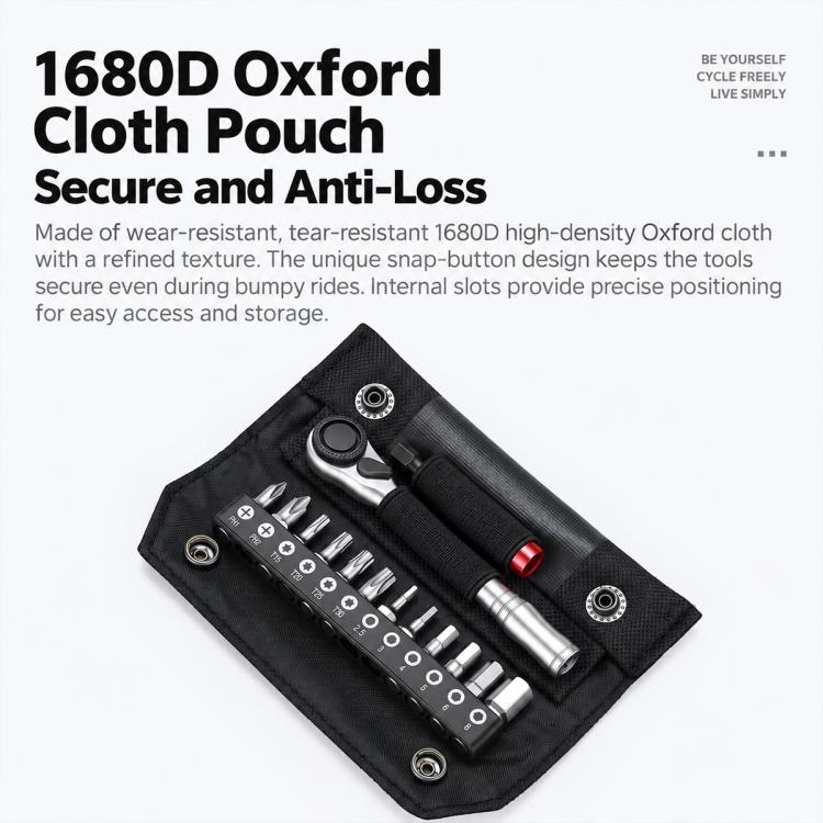 Black Oxford cloth pouch with ratchet wrench, bit holder strip, and chrome adapters