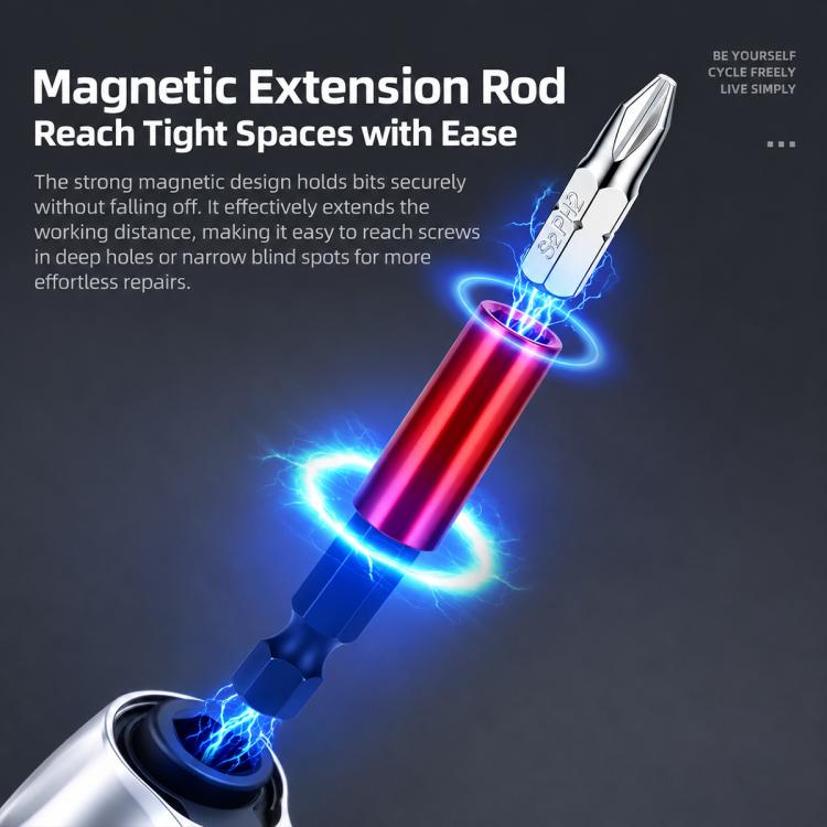 Magnetic extension rod with metal bit tip and red handle sleeve for tight spots