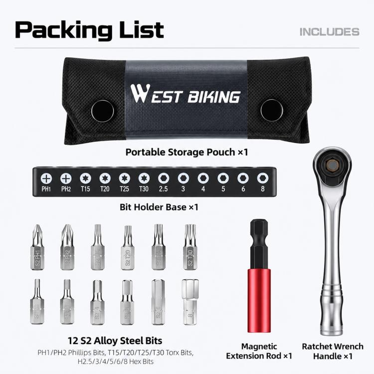 Portable storage pouch with bit holders, 12 S2 alloy bits, magnetic rod, and ratchet handle