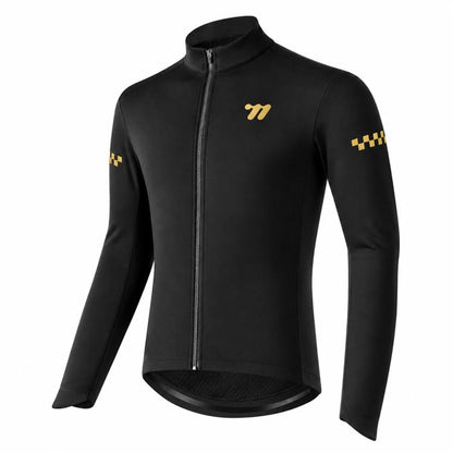 Black long-sleeve winter cycling fleece jersey, full-zip with stand collar and yellow logo accents