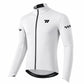 White long-sleeve winter cycling fleece jersey, stand collar, full zipper, and black chest emblem