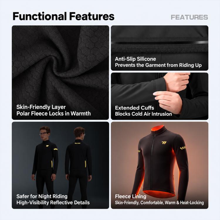 Black cycling thermal jacket with fleece lining texture and extended cuff detail