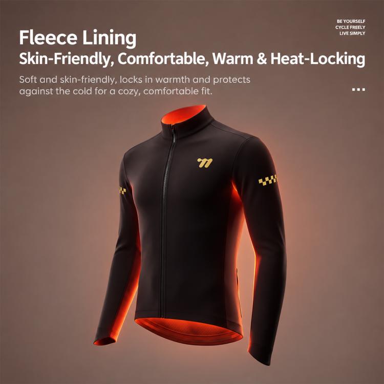 Unisex black cycling fleece thermal jersey with long sleeves and front zip