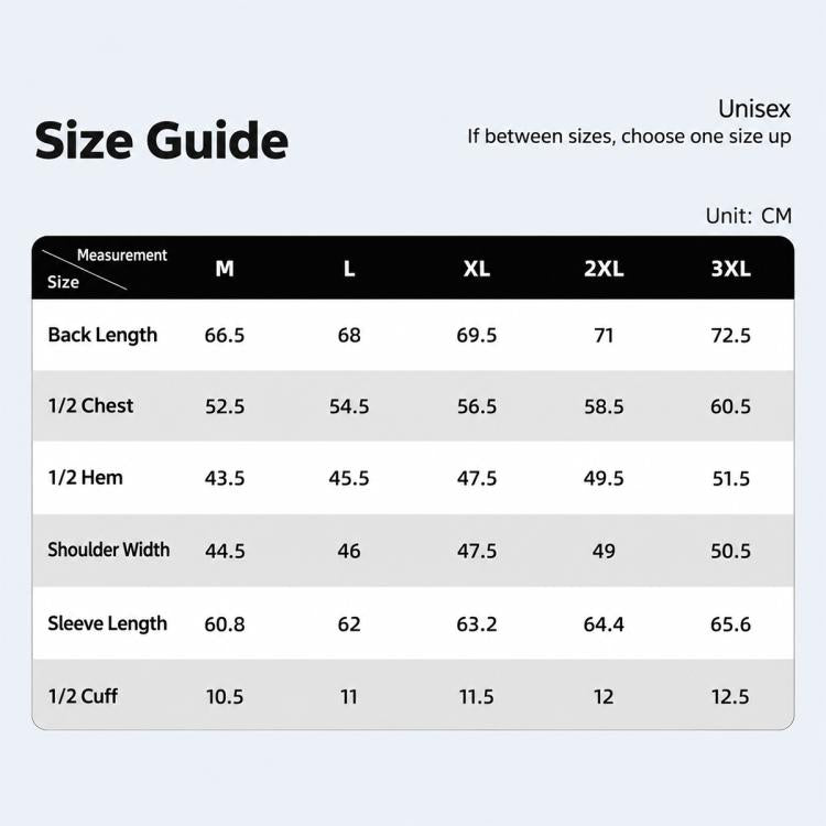 Unisex size guide chart for cycling thermal jersey, sizes M to 3XL