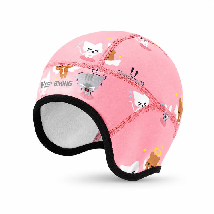 Kids winter fleece thermal cap with face opening, pink animal print