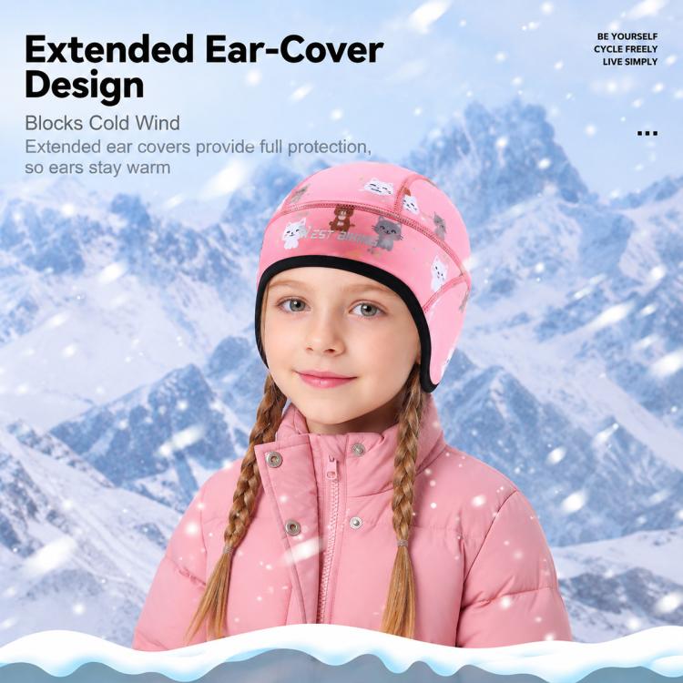 Kids winter fleece thermal cap with extended ear coverage, pink with black trim