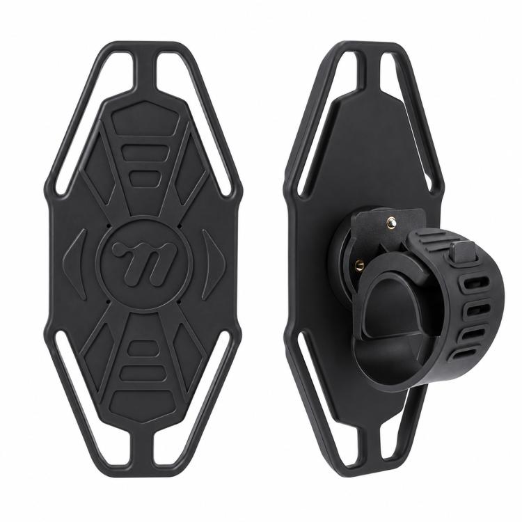 Black silicone bike phone holder, front and side view showing mounting clamp