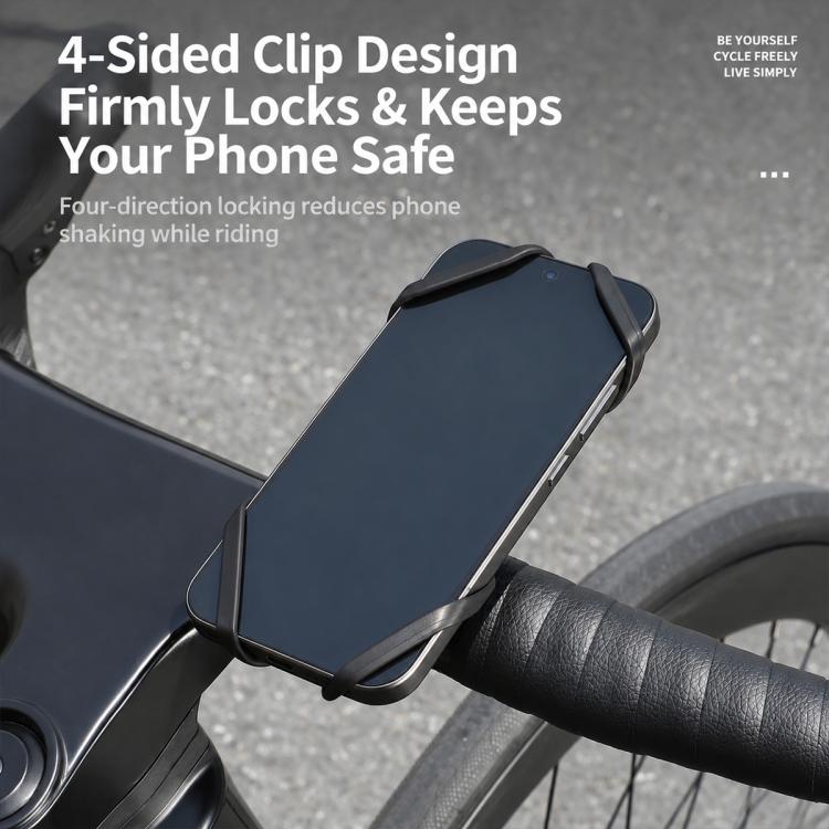 Black silicone bike phone holder with four-sided clamp design securing a phone