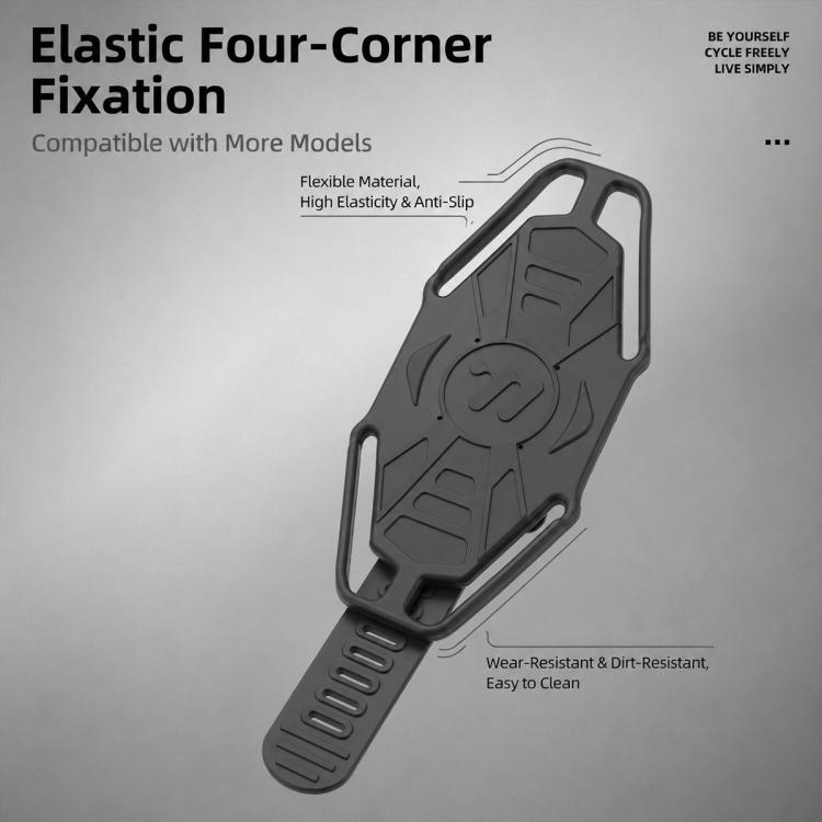 Black silicone bike phone holder with elastic four-corner fixation and anti-slip texture