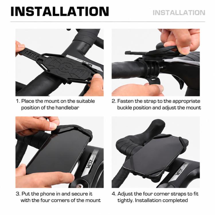 Bike phone holder installation steps showing strap attachment and phone placement