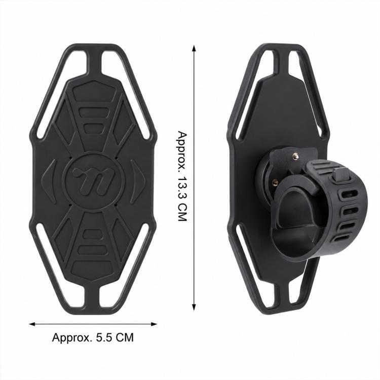 Black silicone bike phone holder dimensions with front clamp and side mounting view
