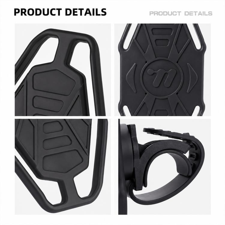 Black bike phone holder product details showing silicone grip pads and side clamp ring