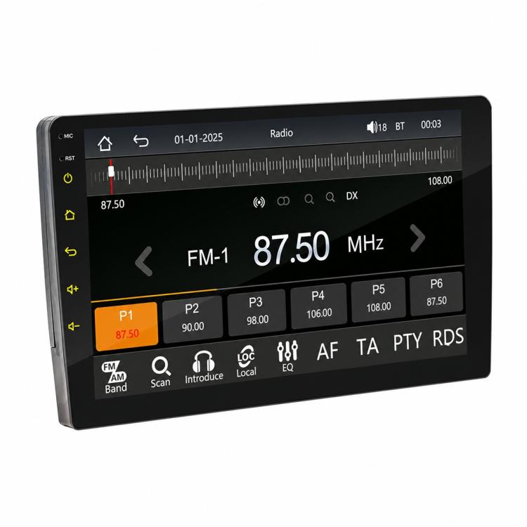 Double-DIN car MP5 player with black touchscreen showing FM radio 87.5 MHz