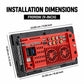 Double-DIN car head unit rear view with red heatsink and multiple connector ports