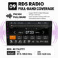 Car stereo touchscreen showing FM radio tuning and station frequency display