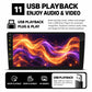 Double-DIN car stereo touchscreen showing USB playback with colorful waveform graphics