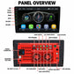 Double-DIN car MP5 player with 9-inch touchscreen display and labeled rear input ports