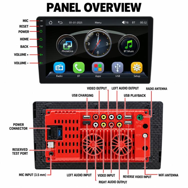 Double-DIN car MP5 player with 9-inch touchscreen display and labeled rear input ports