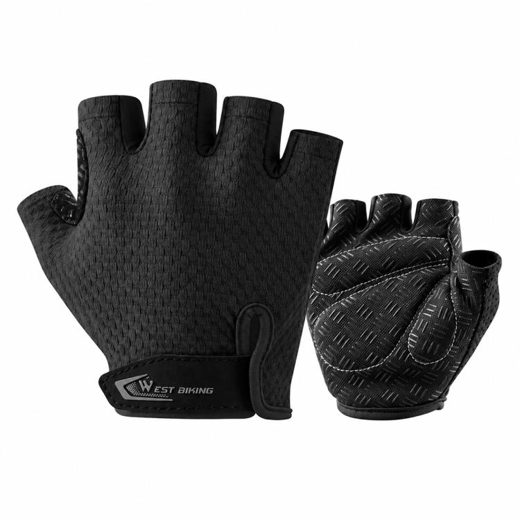 Kids black half-finger bicycle gloves, textured grip palms, snug wrist strap.