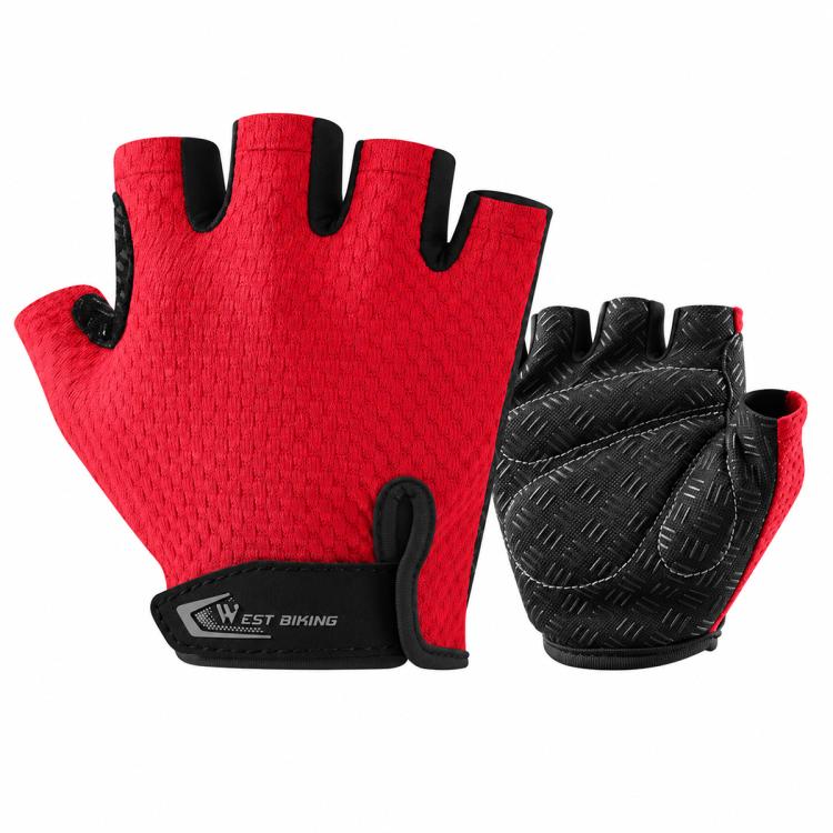 Kids red half-finger bicycle gloves, protective knuckle area and textured anti-slip grip.