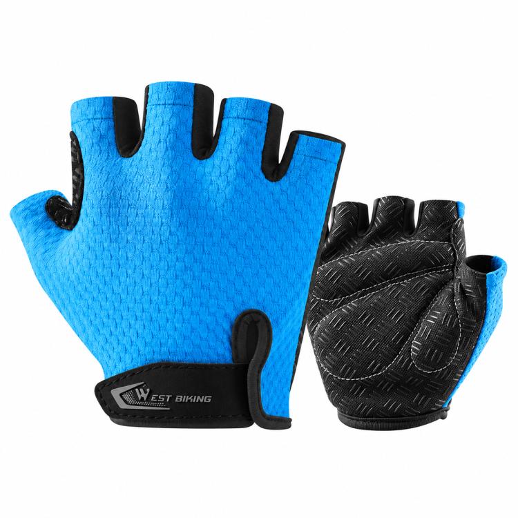 Kids blue half-finger bicycle gloves with textured palms and secure wrist band.
