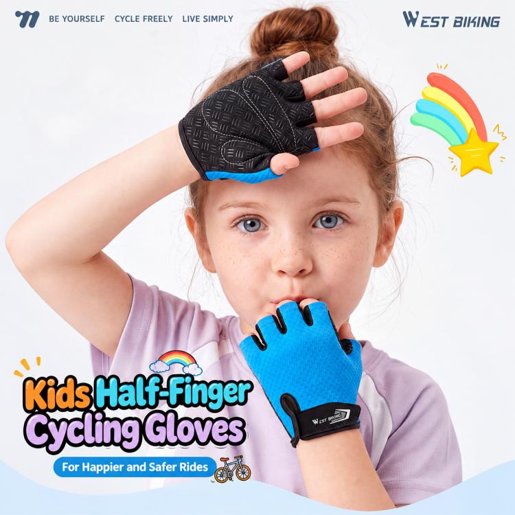 Child wearing blue and black half-finger cycling gloves, one hand holding a glove.